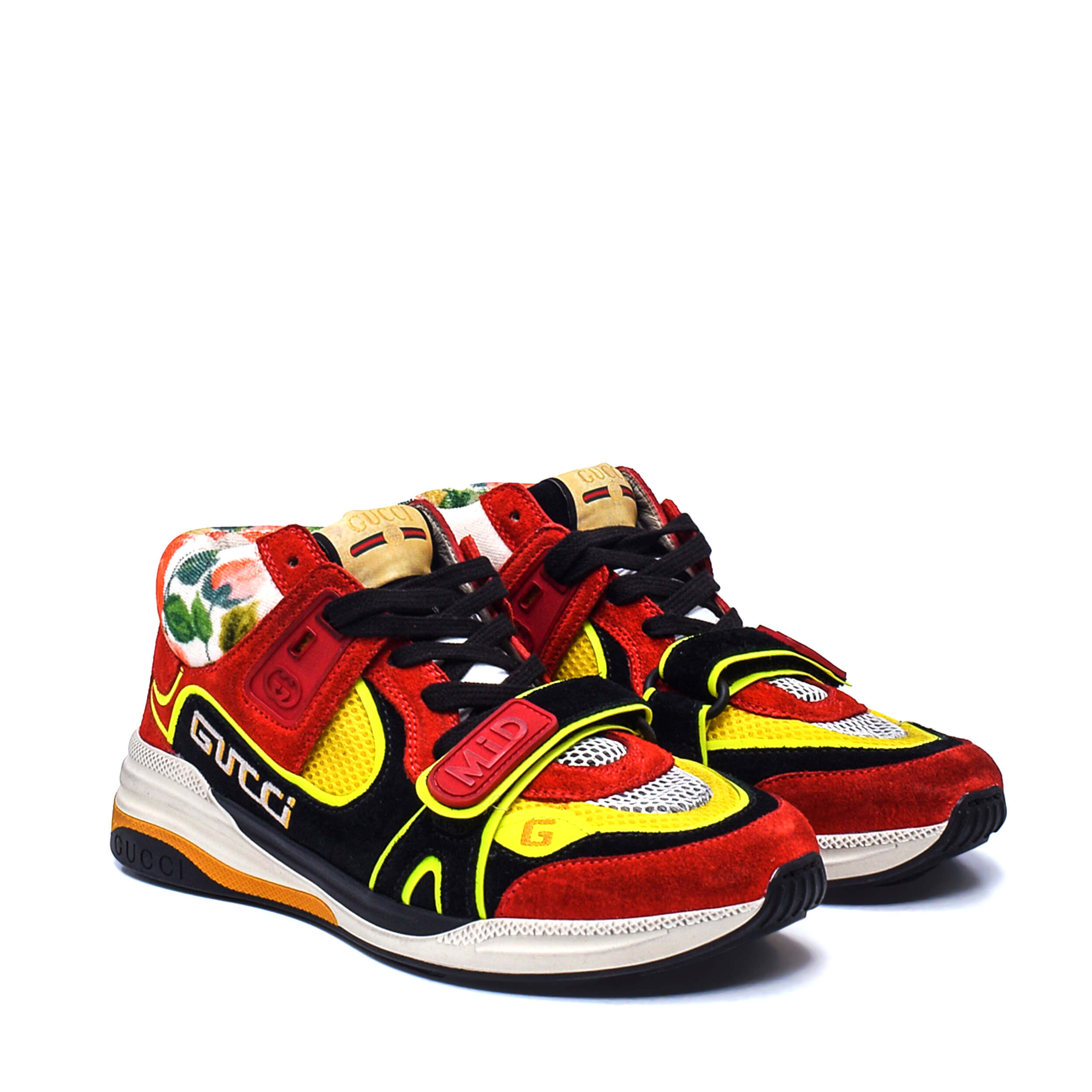 Gucci - Red Reflective Distressed Fioral Ultrapace Sneakers / 38 